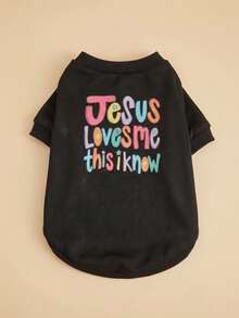1件裝黑色寵物連帽衛衣，彩色臉部與星星字母印花「Jesus Loves Me This I Know」，休閒薄款秋冬運動衫，適合小型與中型犬，寵物衣服，適用比熊、泰迪、博美 - 黑色 - 查看 5
