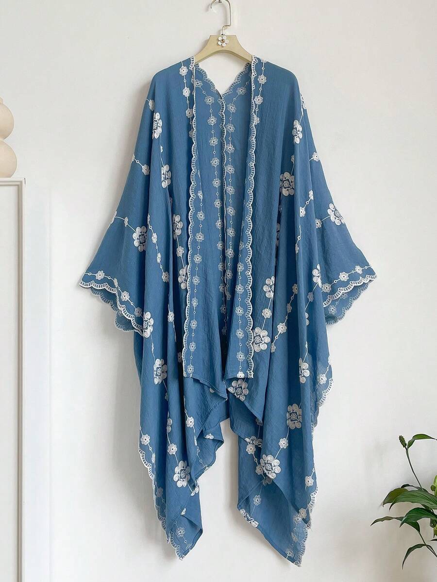1pc Minimalist Elegant Floral Pattern Bohemian Style Embroidered Split Shawl Women Spring/Summer Kimono, Sarong Outerwear Beach Vacation Sun Protection UV Protection Embroidered Cardigan Fashion Versatile Luxury Decorative Suitable For Daily Wear Gift Choice - Blue - View 1