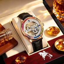 1pc Men's Automatic Mechanical Watch, Full Skeleton Hollow Dial, Rainbow Rhinestone Bezel, Black Embossed PU Leather Strap,Luxury Business Wrist Watch - Black - View 2