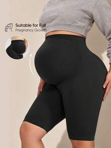 Maternity Solid Color Casual Seamless High Waist Base Layer Shorts - Black - View 1