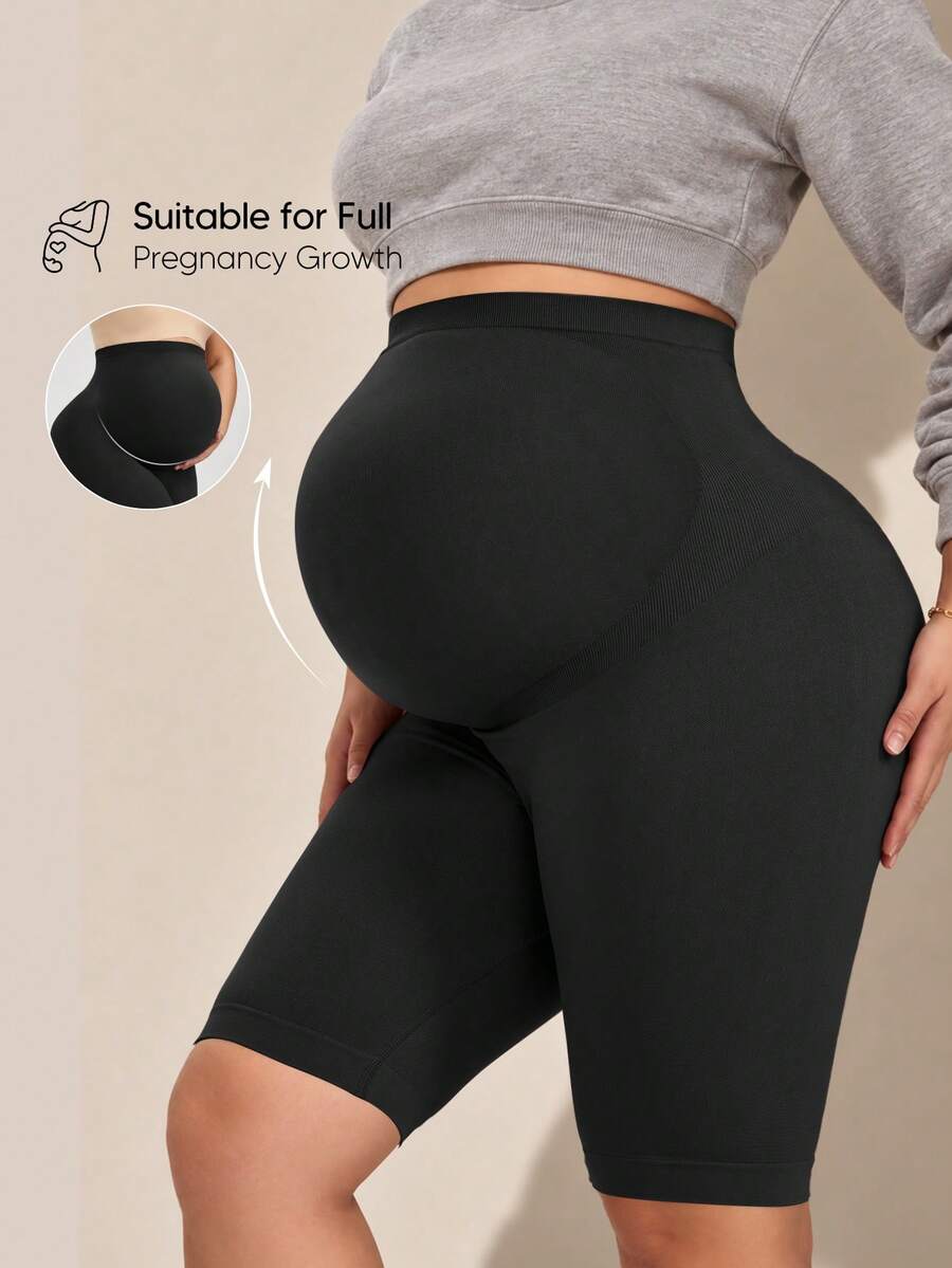 Maternity Solid Color Casual Seamless High Waist Base Layer Shorts - Black - View 1
