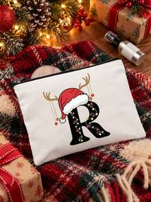 Santa Hat Reindeer Antler Initial Letter Makeup Bag, Christmas A-Z Alphabet Zipper Pouch, Portable Travel Cosmetic Organizer, Holiday Gift For Ladies - Multicolor - View 6