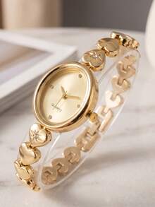 XAPWV 1pc Women's Heart Chain Quartz Watch, Oval Rhinestone Design, Elegant Luxury Style Bracelet Wristwatch - Gold - View 1