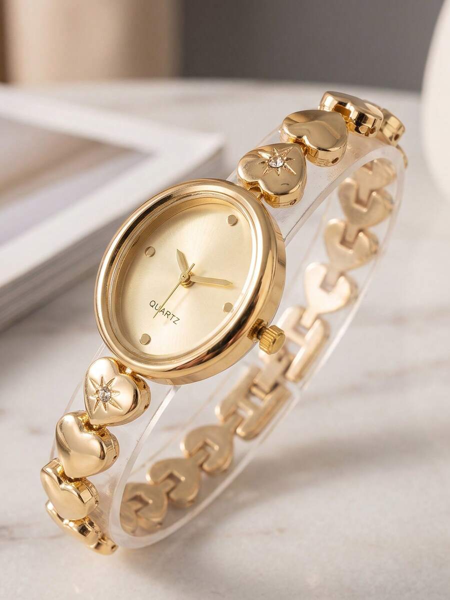 XAPWV 1pc Women's Heart Chain Quartz Watch, Oval Rhinestone Design, Elegant Luxury Style Bracelet Wristwatch - Gold - View 1