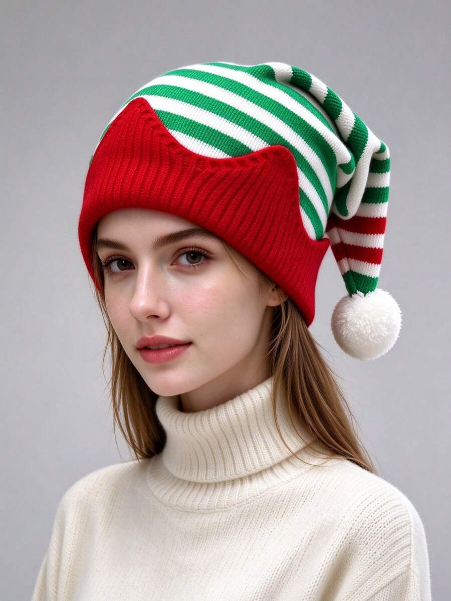 6pcs,Christmas Elf Knitted Hat, Red Green White Striped Elf Hat With Pom Pom Ball, Festive Holiday Costume Accessory For Xmas Party - Multicolor - View 1