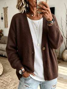 Plus Size Women's Autumn/Winter Essential Short Knit Cardigan, V-Neck Bell Sleeve Single Button, Elegant Loose Casual Jacket - Brown - View 6