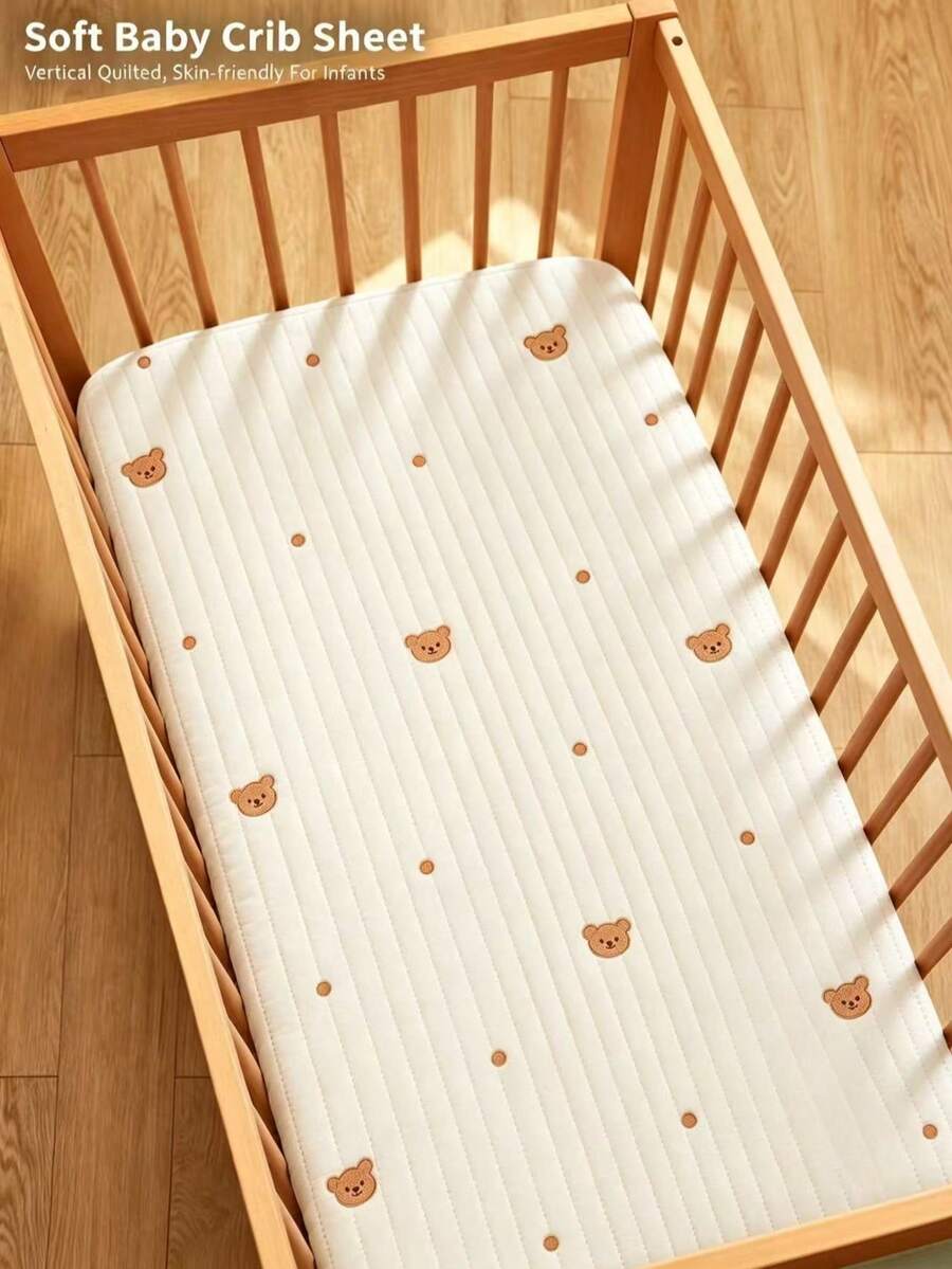 1pc Baby Bear Star Moon Pattern Quilted Soft Comfortable Fitted Sheet, Suitable For Home And Travel In Autumn/Winter, Machine Washable, With High Elastic Band Around The Edges To Prevent Slipping Or Moving