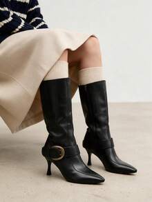 2026 Winter New Vintage Buckle Pointed Toe High Heel Knee-High Boots Slimming Riding Boots - Black - View 4