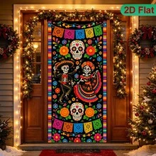 (Happy Halloween) 2D Plane 1 Banner Colorful Candy Skull Flower Printing Hanging Send A Banner Classic Halloween Theme Decoration, Suitable For Indoor And Outdoor Holiday Celebrations To Create A Festive Atmosphere, 5 Styles. - 1 - View 8