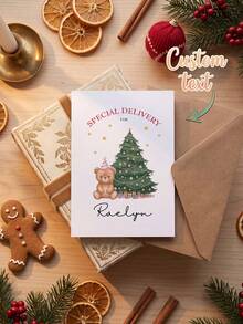1/3 st personliga julkort med namn, söta teddybjörn och julgran, julpresentkort med kuvert för familj och vänner - Multifärgad - Visa 1