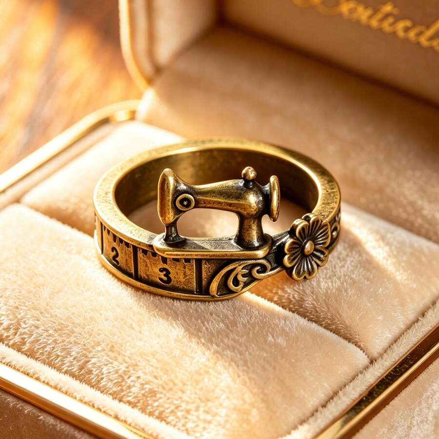 Vintage Sewing Machine Shaped Rings With Tape Measure Scale And Floral Detail Versatile Alloy Finger Jewelry Creative Gift For Women Daily Wear - Bronze - View 1