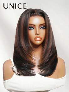 UNice Bye Bye Slip 7x5 Lace Chocolate Brown With Auburn Highlights Shoulder Length Layered Bob Glueless Wig Pre Plucked Pre Cut Bleached Knots Beginner Friendly Ready To Go 150% Density - Multicolor - View 13