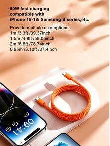 USB-C Fast Charging Cable Compatible With IPhone 17/16/15, USB-C To Type-C Charging Data Cable (3.3/6.6/10ft Nylon Braided Cable) Suitable For Indoor/Outdoor/Travel And Car Use, Fast Charging, Compatible With IPhone 17/16/15/Pro/Pro Max, Compatible With Samsung, Compatible With Sony~Android Phone Charging Cable, Halloween Gift, Christmas Gift - Orange - View 4