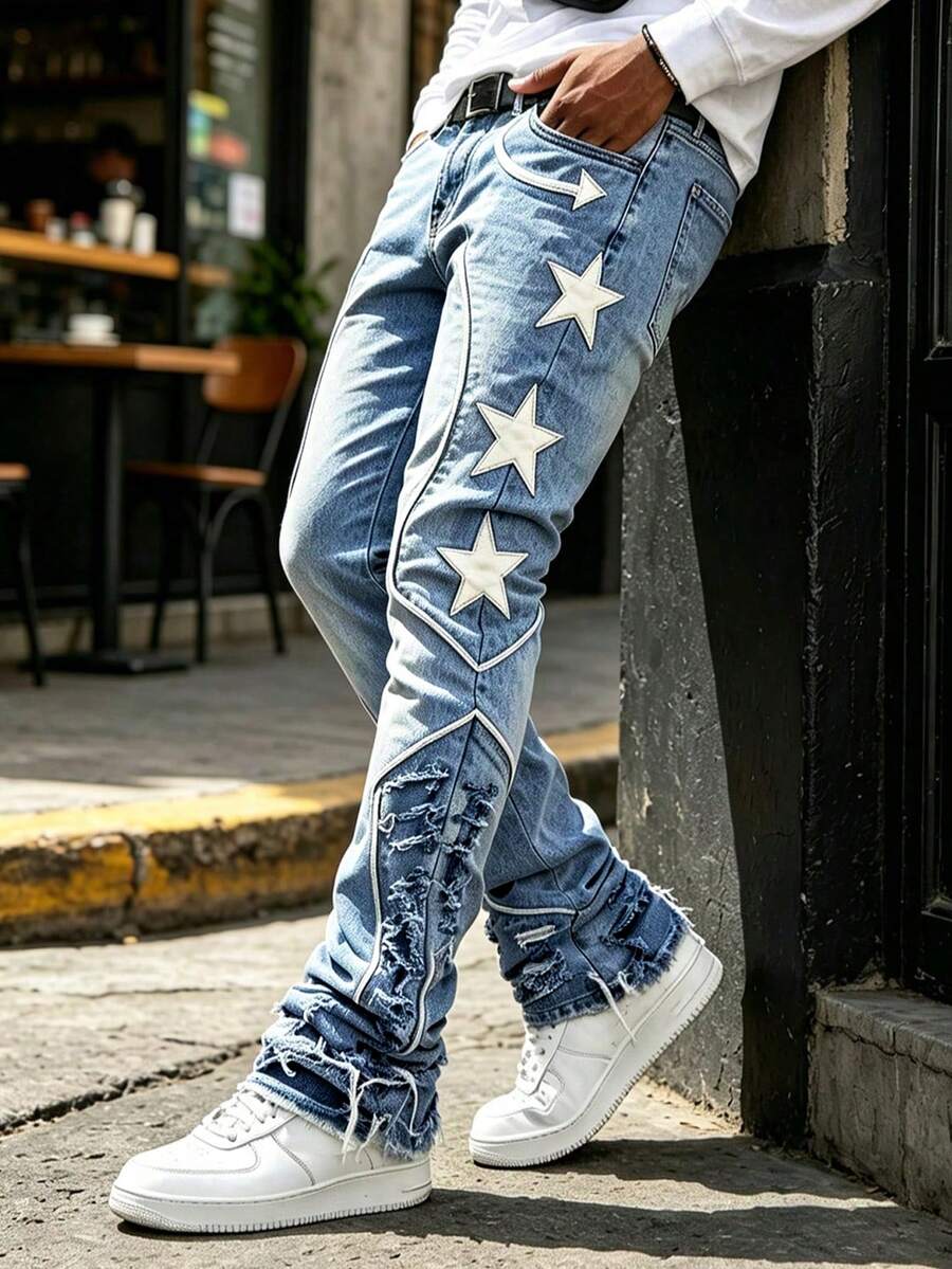 Men's Frayed Hem Slim Fit Jeans, Fashionable Flared Pocket Denim Pants, Comfortable Machine Washable, Versatile Wardrobe Essential For All Seasons - أزرق فاتح - مشاهدة 1