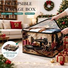 1pc Vintage Tailoring Element Storage Box With Lid, Nostalgic Sewing Tool Pattern, Exquisite European Old-Style Machine Design, Durable Fabric Material, Sturdy Side Handles, Foldable Space-Saving, Textile Storage, Decorative And Practical - A - View 5