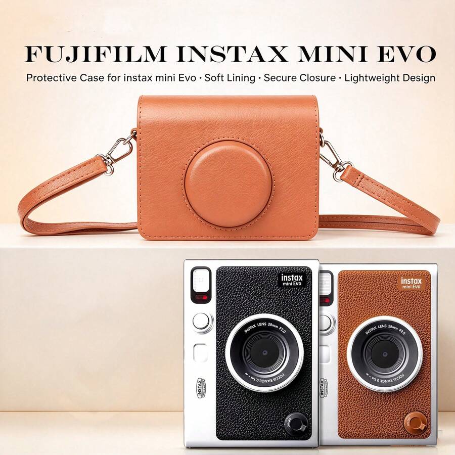 PU Leather Protective Case With Photo Pocket + Adjustable Shoulder Strap, Vintage Leather Protective Case For Fujifilm Instax Mini Series Cameras, Anti-Friction Camera Photography Accessory, Essential For Travel And Outdoor Use - View 1