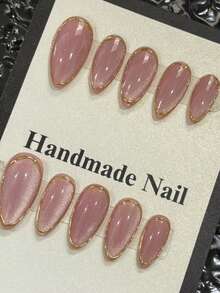 10pcs Pure Handmade Medium Almond Pink Cat Eye Glitter Gold Magic Mirror Powder Coil Fashion High-End Fake Nails - Purple - View 4