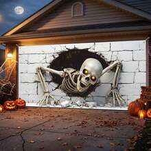 2D Flat 1pc Halloween Skull Garage Door Banner Decoration - Giant Scary Skull Breaking Through Wall Garage Door Cover With Gold - Multicolor - View 10