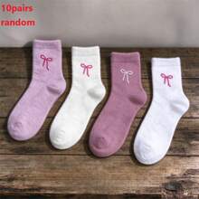 5/10 Pairs Cute Bow Embroidery Plush Mid-Calf Socks, Thickened Coral Fleece Women's Socks, Soft And Comfortable, Autumn/Winter Socks, Warm Socks, Christmas/Halloween Gifts, Women's Mid-Calf Socks, Women's Socks, Pink Socks, Comfortable And Soft, Girls' Socks, Back To School, Collegiate Style - Multicolor - View 12