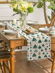 1Pc Cute Cartoon Christmas Tree Table Runner, Xmas Gift Box Star Pattern, Farmhouse Holiday Dining Table Decor For Kitchen Indoor Family Party - White - View 1