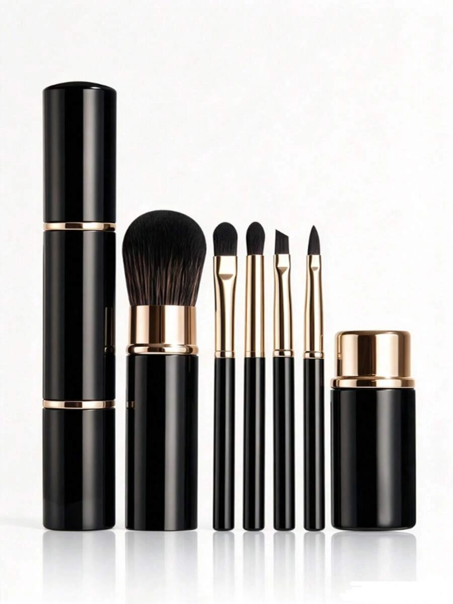 BS-MALL Retractable 5 In 1 Makeup Brush Set, Travel Size Portable Fiber Brushes For Powder Blush Eyeliner Eyebrow & Eyeshadow, Soft Synthetic Bristles With Protective Cap - Black - View 1