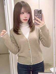 Women's Autumn/Winter Korean Style Apricot Long Sleeve V-Neck Ribbed Knit Cardigan, Casual Holiday Outing Shopping Outfit - Apricot - View 3