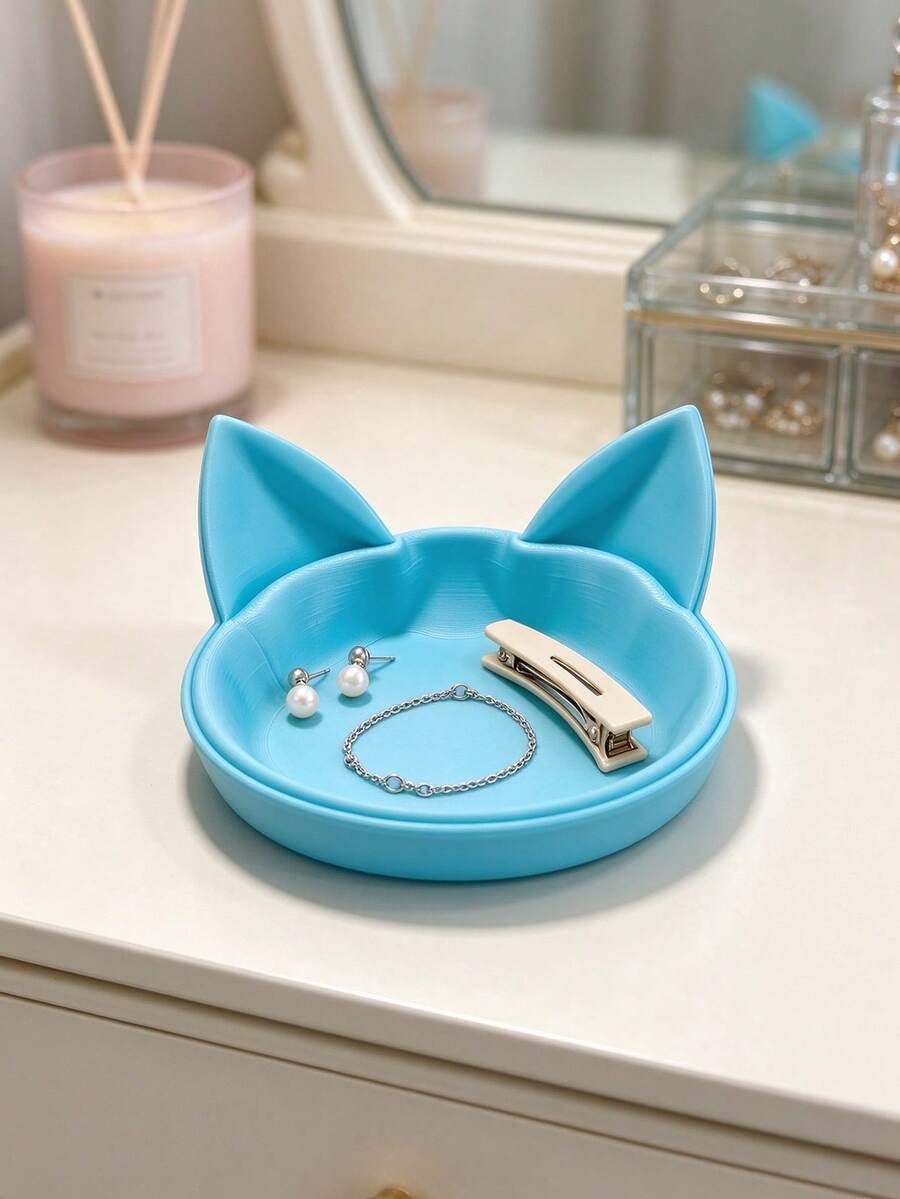 Nampan Penyimpanan Perhiasan Telinga Kucing Lucu, Bahan PLA Cetak 3D, Tempat Cincin, Anting, Gelang, dan Aksesori Rambut, Organizer Meja Kreatif, Hadiah Ulang Tahun untuk Sahabat Perempuan