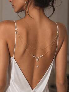 FAAABULS 1pc Pearl Flower Back Necklace, Layered Open Back Chain With Water Drop Pearl Pendant, Women's Bridal Body Jewelry - Geometric - View 1