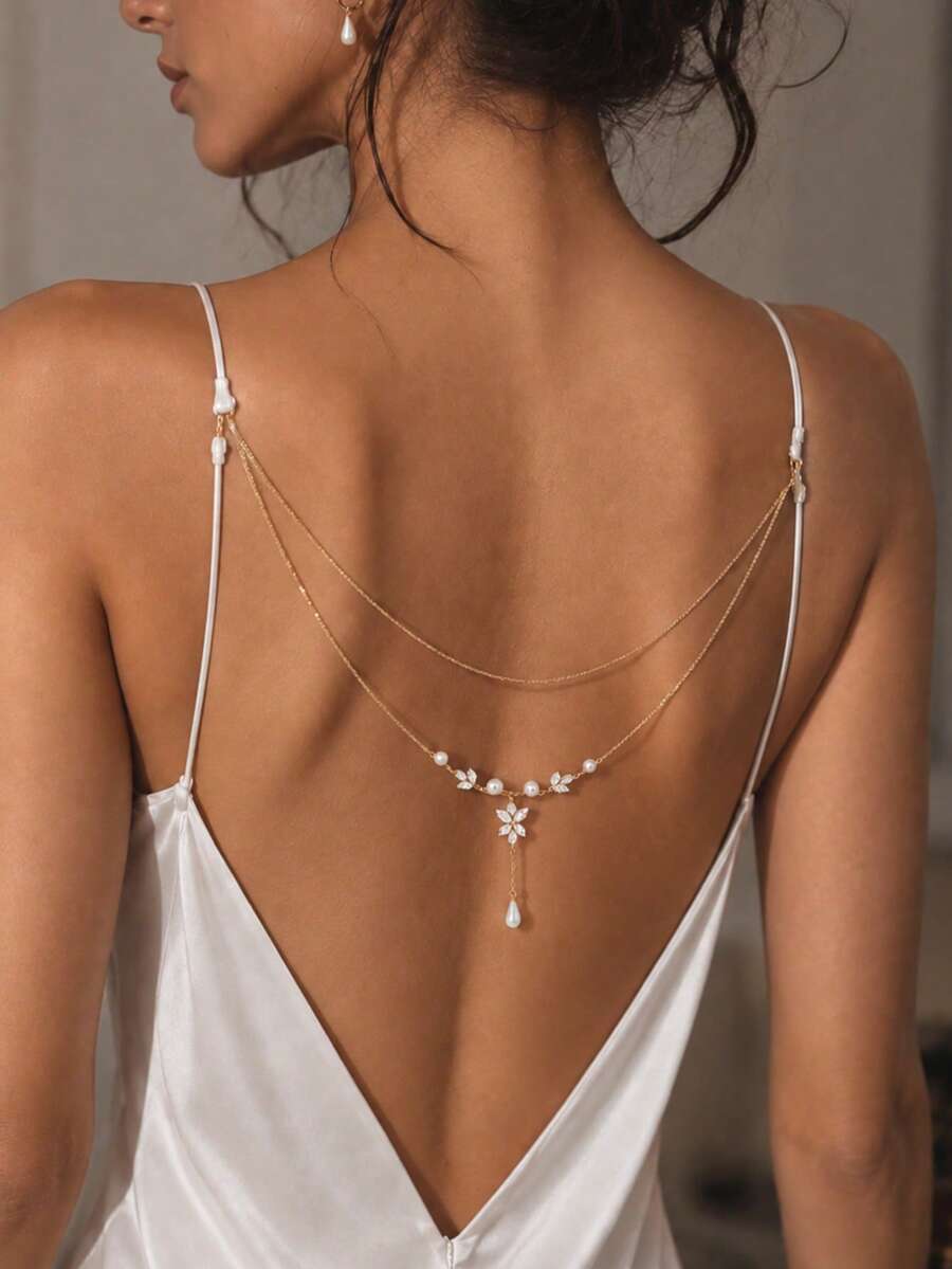 FAAABULS 1pc Pearl Flower Back Necklace, Layered Open Back Chain With Water Drop Pearl Pendant, Women's Bridal Body Jewelry - Geometric - View 1