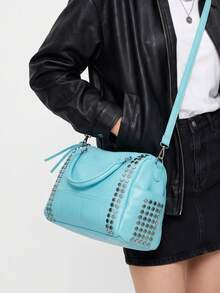 Baby Blue PU Leather Bowling Bag With Patchwork Design Stud Detailing Multiple Pockets Fringed Drawstring Closure And Punk-Style Women's Tote Bag - Baby Blue - View 4