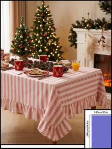 1pc Beige With Pink Fine Stripe Tablecloth, Traditional Country Style, Rectangular With Scalloped Edge And Pleated Details, Stain-Resistant Protective Table Cover, Suitable For Christmas, Family Gatherings And Winter Holiday Dining Room Decor - Pink - View 10