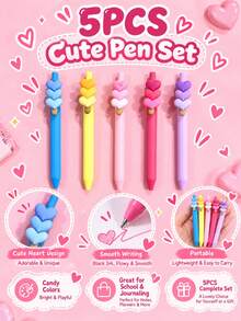5pcs Cute 3D Heart Decoration Retractable Ballpoint Pens, Candy Color Girly Stationery Set, Creative Sweet Multicolor Pens, Suitable For Students Learning, Office Writing, Journaling, Valentine's Day Gift And Birthday Gift. - Sets - View 8