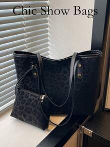 Dedoo Women Leopard Print Tote Bag,Soft Fabric,Rivet Details,With Small Storage Pouch,Large Capacity,Casual Style,Suitable For Work,Shopping,Travel - Black - View 11