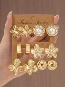 2/12PCS Women's Fashion Exquisite Flower Round Faux Pearl C-Shaped Geometric Multi-Element Earring Set, Seasonal Hot-Selling High- Elegant High-End Earring Set Suitable For Daily Wear - Gold - View 7