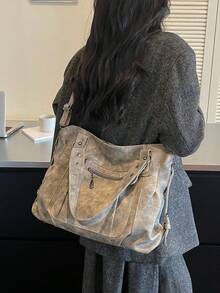 皺褶紋理多口袋拉鍊隔層大容量托特包，復古休閒風可調節斜背女包，鉚釘加固寬肩帶設計，慵懶風通勤旅行上學書本與個人物品收納包 - 卡其色 - 查看 5