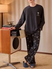 Gongdie 2pcs Snoopy Men's Pajama Set, Autumn Grey Soft Cotton Loungewear With Pockets - Dark Grey - View 10