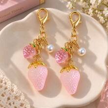 1pc/2pcs Women's Translucent Pink Strawberry Pendant, Faux Pearl Charm, Transparent Small Strawberry Accessory Keychain, Sweet Bag Charm, Wallet & Earphone Accessory - Pink - View 1