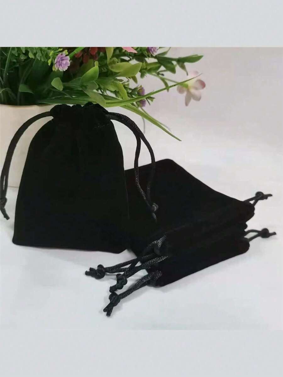 5 túi đựng trang sức nhung đen thiết kế dây rút, dùng cho dây chuyền, bông tai và các loại trang sức khác - A - Xem 1
