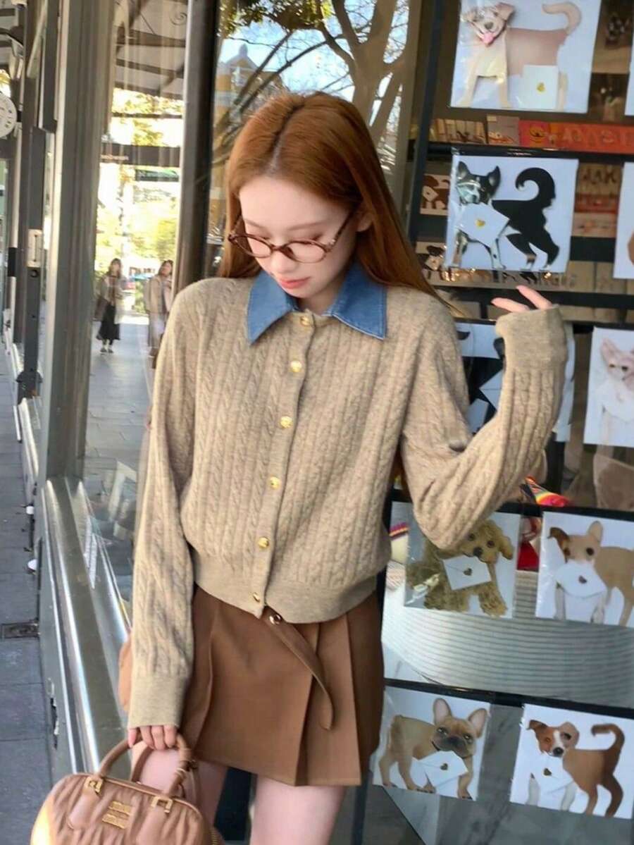 YCYC Patchwork Knit Cardigan Jacket With Denim Cable Knit Collar, Long Sleeve Sweater Top For Spring And Autumn - Khaki - View 1