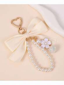 Vintage Pearl Bow Keychain Pendant, Handmade Beaded Charm, Creative Fashion Colorful Woven Strap Bag Charm, Heart-Shaped Keychain, Halloween Christmas Gift - Beige - View 2