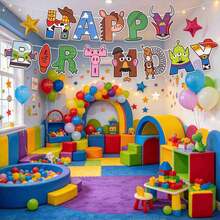 1set Birthday Banner With Fun Character Letter Design. Comes With String For Easy Hanging. Perfect Backdrop Decoration For Birthday Parties, Brighten Up Your Party Space.(Stochastic Style) - Multicolor - View 2