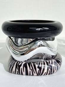 3pcs Vintage Zebra Print Silver & Black Geometric Layered Bracelet Set, Minimalist Fashion Charm Wave, Circle, Black & White Striped Multi-Style Combination Bracelets - Multicolor - View 9