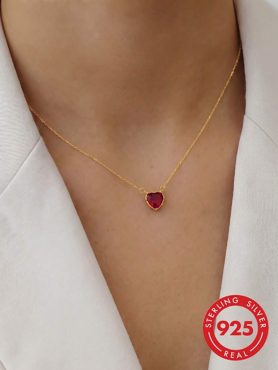 ELSEDES 1pc Fashionable S925 Sterling Silver Red Heart-Shaped Gemstone Pendant Necklace, Elegant & Refined, Suitable For Daily Or Date Outfits, A Perfect Gift For Girlfriend Valentines - Champagne - View 1