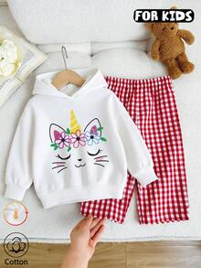Girls Unicorn Cat Floral Print Hooded Sweatshirt, Casual Long Sleeve Pullover Sweatshirt - White - View 1