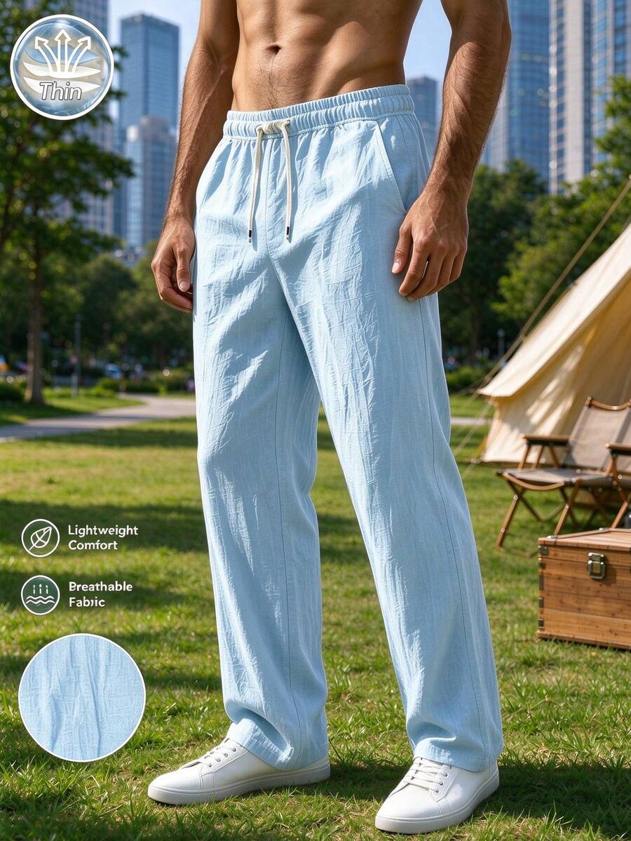 CleanFit 男士輕量亞麻休閒長褲,直筒寬腿設計,透氣彈性腰頭,適合日常全天穿著、居家放鬆、健身訓練、散步、慢跑、購物、約會、旅行、校園通勤、戶外休閒、街頭風格、輕量運動,送給男友與丈夫的完美禮物 - 霧霾藍 - 查看 1