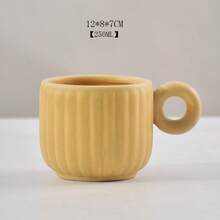 Cốc cà phê gốm 250ml kèm đế lót, cốc trà phong cách Nhật Bản retro tráng men mờ, tay cầm tròn độc đáo, bộ cốc sọc dọc, phù hợp cho latte, cappuccino, dùng tại nhà và văn phòng - Nhiều màu - Xem 12