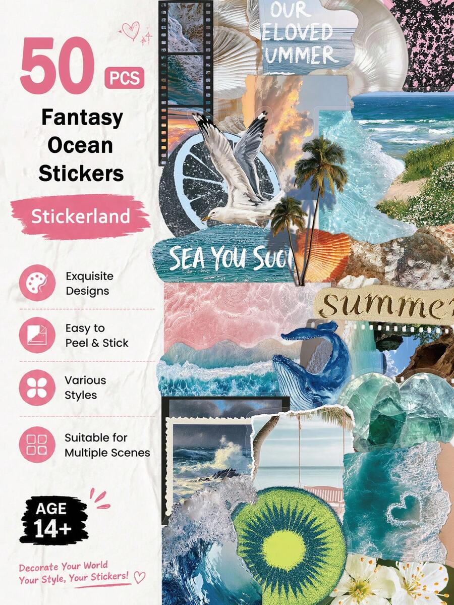50pcs Fantasy Ocean PET Stickers, Self-Adhesive Decorative Stickers For Scrapbooking, Journals & DIY Crafts - one-size - View 1