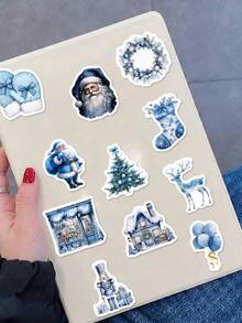 50Pcs Blue Christmas Stickers, Vintage Winter Santa, Polar Bear, Snowflake, Bow & Xmas Tree Pattern Decal, Waterproof Vinyl Stickers For Journal, Scrapbook, Water Bottle, Laptop, Planner, DIY Craft Decor - Multicolor - View 5