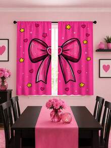 2Pcs Rose Red Large Bow Heart Star Graffiti Print Pattern Curtains, Sweet Cool Cartoon Semi-Blackout Rod Pocket Window Decor, Suitable For Living Room And Bedroom, Rod Not Included, Machine Washable - Magenta Bow - View 6