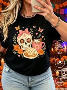 Camiseta Y2K estampado Día de Muertos, unisex pareja, cuello redondo, manga corta, 1 pieza, para primavera‑verano‑otoño, interior/exterior, oficina, ocio y deporte - Negro - Ver 1